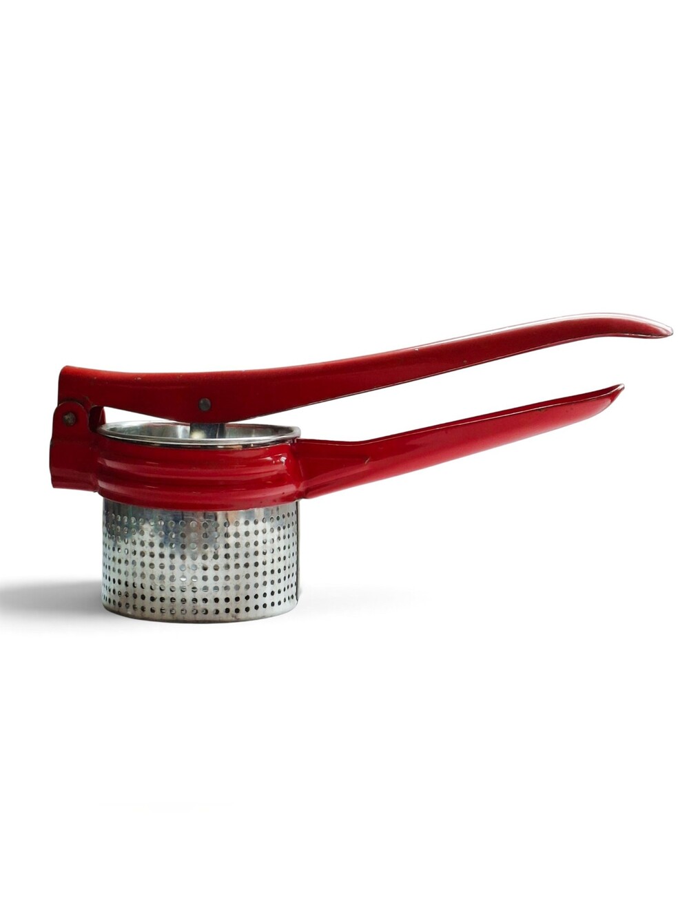 Mid Century Red Handled Metal Potato Ricer Farmhouse Kitchen Masher Strainer